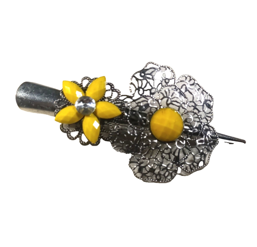 Hair Barrette Alligator Clip Silver Tone Yellow Clear Rhinestone Large Elegant